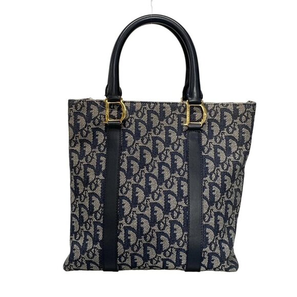 Auth DIOR/ChristianDior Trotteur Navy Dark Navy Cream Jacquard Leather Tote Bag - Picture 3 of 16